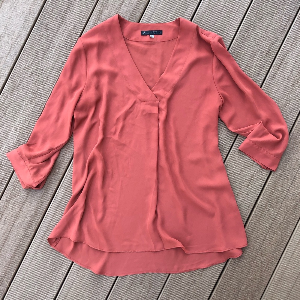 Polyester Lightweight Rust Coral Blouse 3/4 Sleeve
